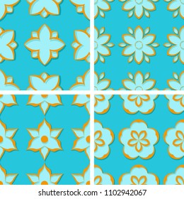 Seamless floral patterns. Set of bright blue 3d backgrounds with orange elements. Vector illustration