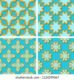Seamless floral patterns. Set of bright blue 3d backgrounds with orange elements. Vector illustration