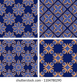 Seamless floral patterns. Set of deep blue 3d backgrounds with orange elements. Vector illustration