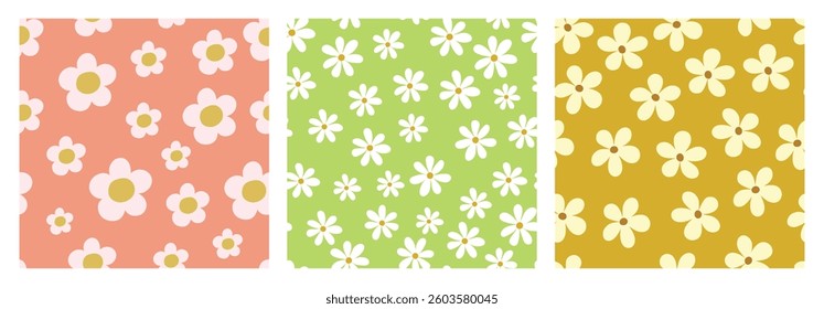 Seamless floral patterns set. Groovy daisy motif, endless repeatable background design with summer flowers.