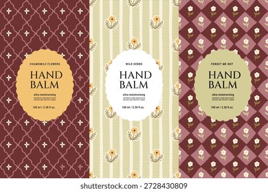 Nahtlose Blumenmuster für Handbalsam-Verpackungen mit handgezeichneten botanischen Illustrationen und Etikettenvorlagen