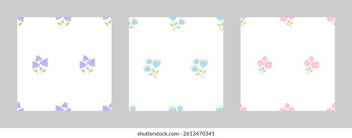 Seamless floral patterns set. Pretty liberty ditsy print. Botanical design.  Tiny hand drawn flowers, bouquets, pastel color background. Summer simple floral seamless backgrounds. Vector illustration