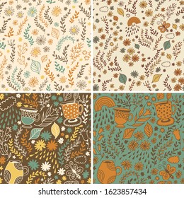 Seamless floral patterns, set of vector flower backgrounds