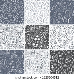 Seamless floral patterns, set of vector flower backgrounds