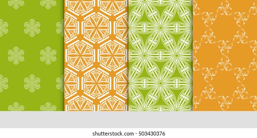 Seamless floral patterns set. Vector illustration. Texture for design wallpaper, pattern fills, web page, banner, flyer. ethnic ornament. olive and orange color