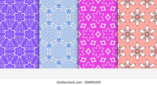 Seamless floral patterns set. Vector illustration. Texture for design wallpaper, pattern fills, web page, banner, flyer. ethnic ornament. blue, purple, rose color