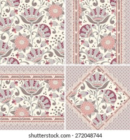 Seamless floral patterns set. Vintage polka dot backgrounds and borders with flowers, laces, hearts and bows. Vector ornaments.
