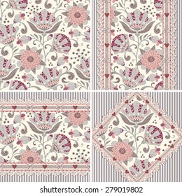 Seamless floral patterns set. Vintage striped backgrounds with flowers, laces, hearts and bows. Vector ornaments.