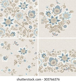 Seamless floral patterns set. Vintage backgrounds with flowers, leaves and bird. Vector ornaments.