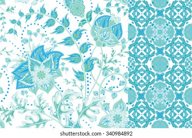 Seamless floral patterns set. Vintage flowers backgrounds and borders with leave. Vector ornaments. 