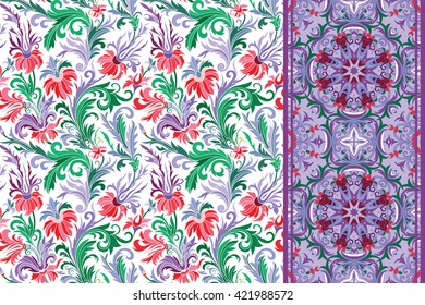 Seamless floral patterns set. Vintage hand drawing flowers backgrounds and borders. Vector ornaments. Pink lilac violet green tone.