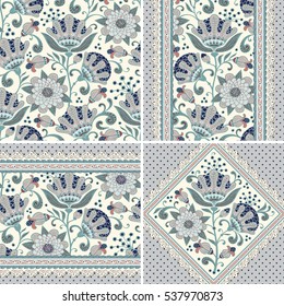 Seamless floral patterns set. Vintage polka dot backgrounds with flowers and laces. Collection of vector ornaments.