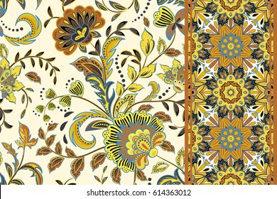 Seamless floral patterns set. Vintage flowers backgrounds and borders. Vector ornaments. Orange brown on white.