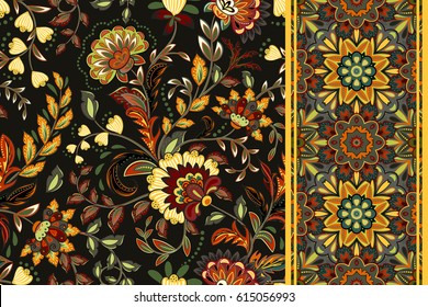 Seamless floral patterns set. Vintage flowers backgrounds and borders. Vector ornaments. Orange brown on dark background.