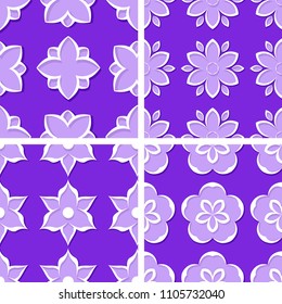 Seamless floral patterns. Set of violet 3d backgrounds