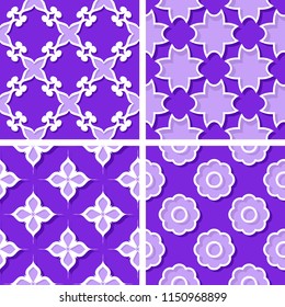 Seamless floral patterns. Set of violet 3d backgrounds