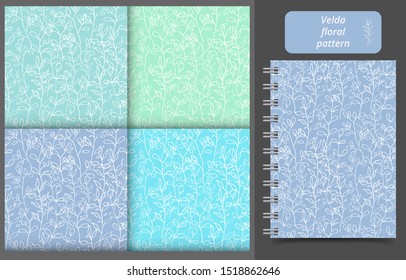 Seamless floral patterns set of white outlined foliage. Light violet, light blue, mint background. Vector illustration of repeat leaves background for cover, textile, card, wallpaper design.