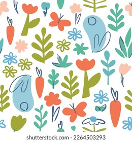 Seamless floral patterns. A simple pattern on the theme of Easter with details of leaves, carrots, a sketchy rabbit. Hand draw patterns in modern style.