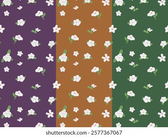 Seamless Floral Patterns. Seamless floral patterns with small white flowers and green leaves on purple, orange, and green backgrounds. Perfect for textiles, wallpapers, and decorative projects.