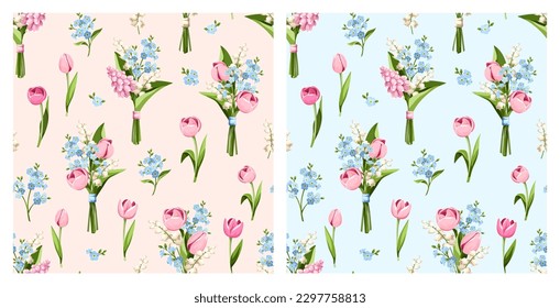 Seamless floral patterns with spring flowers (tulip, hyacinth, forget-me-not, and lily of the valley flowers) on pink and blue backgrounds. Set of vector floral prints