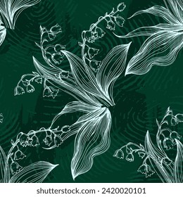Patrones florales sin foco con flores primaverales Lily del valle. Impresiones vectoriales florales