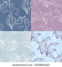 Seamless floral patterns with spring flowers Lily of the valley. Vector floral prints
