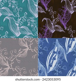 Patrones florales sin foco con flores primaverales Lily del valle. Impresiones vectoriales florales