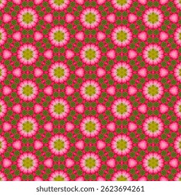 Seamless floral patterns stand out on a green background circle, creating a natural atmosphere that feels gentle and soft. Suitable for interior design that requires relaxation and eye comfort.