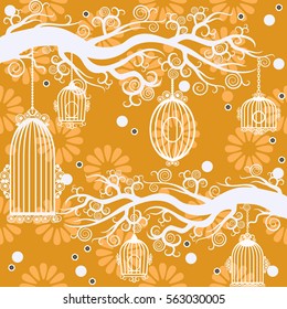 Seamless floral patterns. Texture for holiday cards, wedding invitations, design wallpaper, pattern fills, web page, banner, flyer. Elegant pattern with flowers, bird cages. Vector illustration.