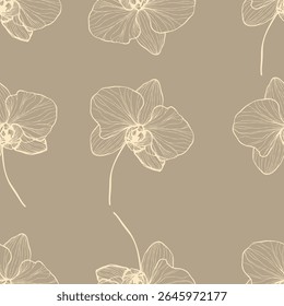  seamless floral pattern.Seamless vector pattern with delicate orchid flowers in elegant line art on a beige background. Perfect for textile, packaging, wallpapers, and botanical-themed design project