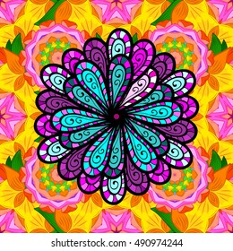 Seamless floral petals mandala pattern in pink, turquoise green and pale orange on floral background.