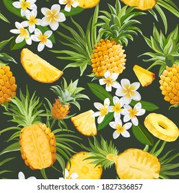 Patrón de vectores de piña sin flor, fondo tropical de flores de plumería, hojas de palmera, textura de fruta, papel tapiz de jungla tropical, fondo de frutas colorido, diseño de cubierta hawaiana, textil acuarela