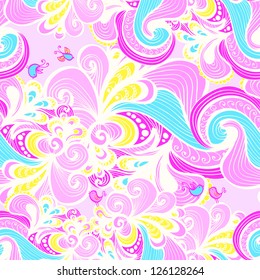 Seamless floral pink background with waves, clouds, plants and birds