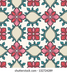 seamless floral pink and blue abstract pattern on a beige background. vector illustration