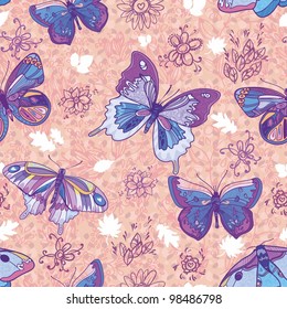 Seamless floral PINK  pattern. Floral background. Seamless pattern with flowers and butterfly