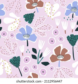 Seamless floral  pink  pattern with leaves and cutout flowers. Wild florals summer background. Perfect for fabric design, wallpaper, apparel. Vector illustration