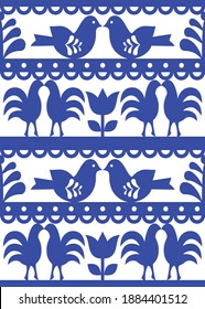 Seamless floral Polish folk art pattern Wycinanki Kurpiowskie - Kurpie paper cutout design with flowers and birds. Vector navy blue rural stencil ornament - traditional pattern from Poland 
 
 