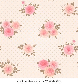 Seamless floral polka dot background. Shabby chic style pattern with roses.