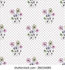 Seamless floral polka dot background. Simple vector background with blue and grey dots and abstract flowers. Cute artistic design for invitation, wedding or greeting cards and scrapbooking elements.