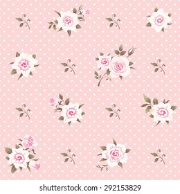 Seamless floral polka dot background. Shabby chic style pink pattern with roses.