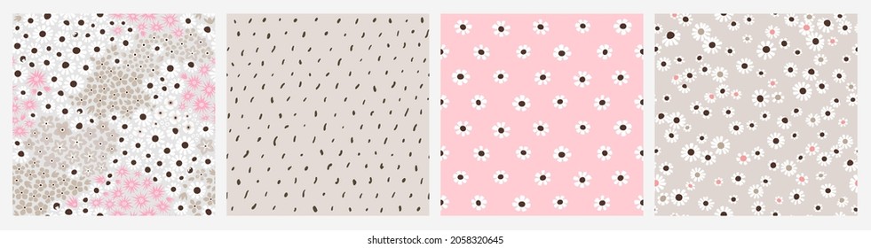 Seamless floral and polka dot backgrounds set. Art design with small flowers and abstract patterns for fabric, wallpaper, digital paper, interior decor, etc.