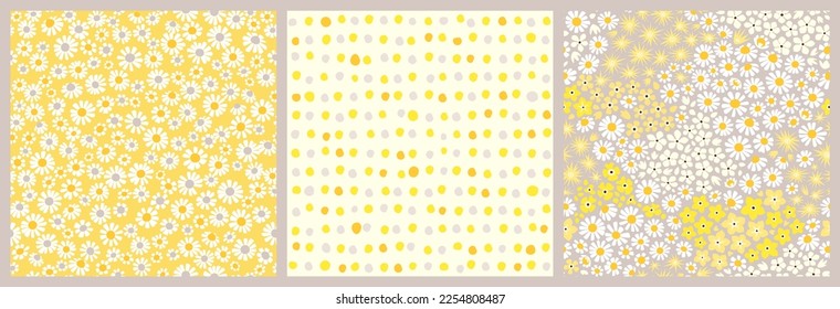 Seamless floral and polka dot backgrounds set. Art design with small flowers and abstract patterns for fabric, wallpaper, digital paper, interior decor, etc.