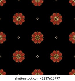 Seamless floral polka dot pattern with stylized flowers. Rosa gallica. Coptic design. Red blossom on black background.