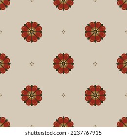 Nahtlose, florale Punktmuster mit stylisierten Blumen. Rosa Gallica Koptisches Design. rote Blüte auf hellem Hintergrund.