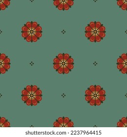 Seamless floral polka dot pattern with stylized flowers. Rosa gallica. Coptic design. Red blossom on green background.