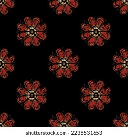 Seamless floral polka dot pattern with stylized flowers. Rosa gallica. Coptic design. Hand drawn rough sketches.  Red blossom on black background.