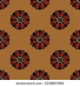 Seamless floral polka dot pattern with stylized flowers. Rosa gallica. Coptic design. Hand drawn rough sketches.  Red blossom on orange background.