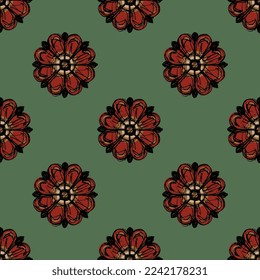 Patrón de puntos de polka floral sin foco con flores estilizadas. Rosa gallica. Diseño copto. Esbozos ásperos dibujados a mano.  El rojo florece sobre el fondo verde.