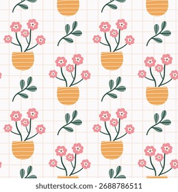 Seamless Floral Pot Pattern and Leaves 