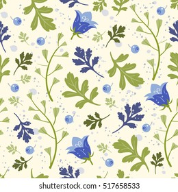 Seamless floral print with bells and herbs. Hand-drawn vector illustration